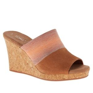 TOMS Monica Mule Cork Wedge Tan Multi Suede Fabric US Size 6.5 New with box